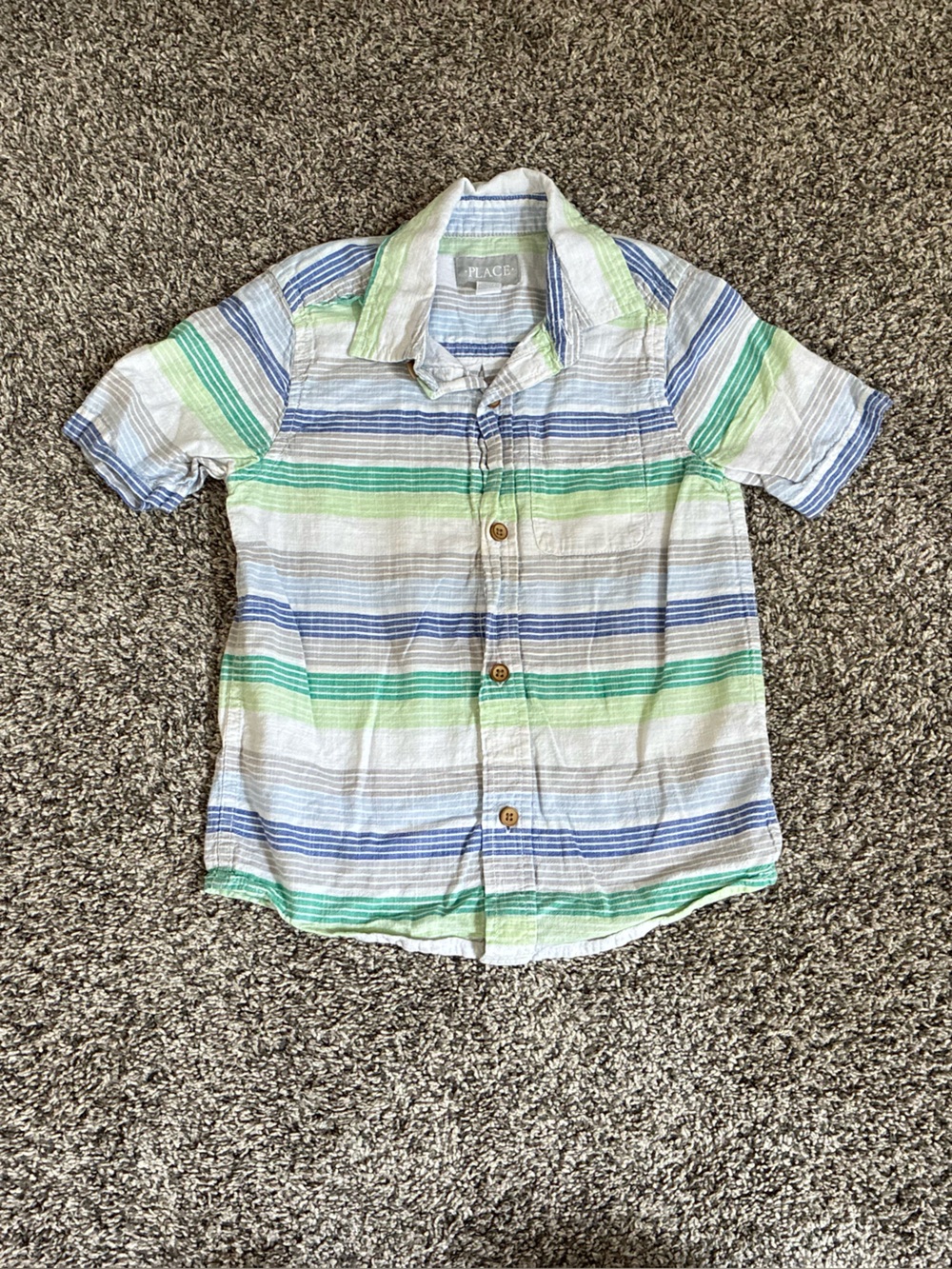 Place Brand Boy’s Green, Blue and White Striped Button Up Shirt, Size 5/6
